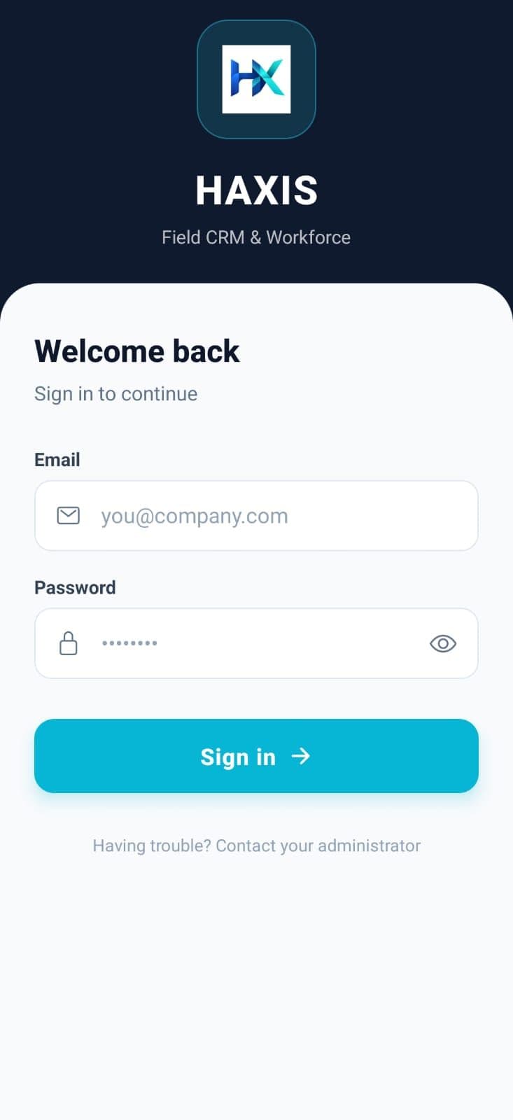 Haxis mobile app login screen